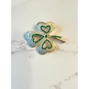 Vintage Shamrock Brooch : Brushed Goldtone with Green Rhinestones